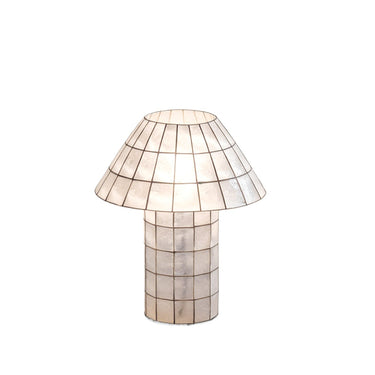 Cornelia mother of pearl table lamp with cream pearlescent tiles, a tapered shade and cylindrical base