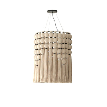 A ceiling-mounted tassel lamp with beige cotton tassels and a black metal frame.