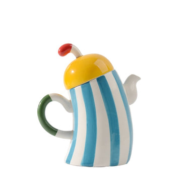 Colorful designer ceramic teapot with blue stripes, yellow lid, and green handle for home décor