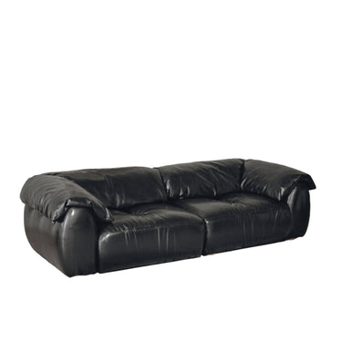 A black leather sofa with a zig zag spring and webbing frame, featuring a high backrest and seat cushion.