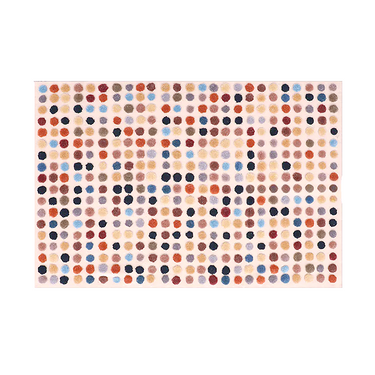 Colorful polka dot patterned area rug with red, blue, beige, and black dots on cream background, home décor