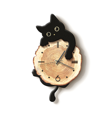 Black cat-shaped wall clock hugging rustic wooden log design with visible tree rings and black numeric markers