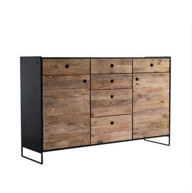 Modern rustic wooden sideboard with black metal frame and multiple drawers and cabinets