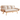 Modern wooden sofa with beige cushions and woven rattan backrest and armrests