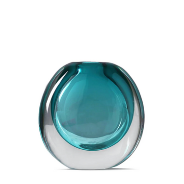 Round designer glass vase with clear outer layer and vibrant turquoise inner section