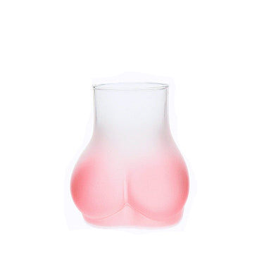 A lead-free glass cup with a unique shape, featuring a gradient color transition from clear to pink.