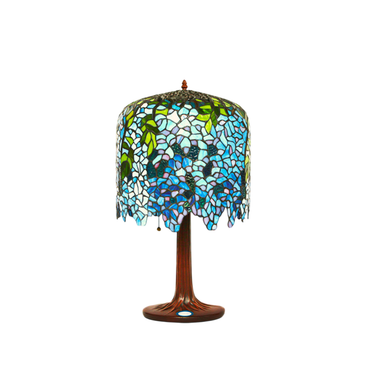 Vintage Tiffany-style table lamp with blue floral stained glass shade and wooden base