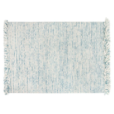 Light blue and white woven rectangular area rug with fringed edges for home décor