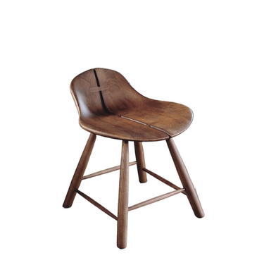 Designer wooden chair with curved seat and four angled legs, modern home décor furniture
