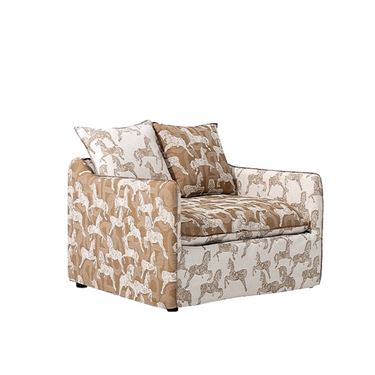Patterned armchair with cushions on a white background