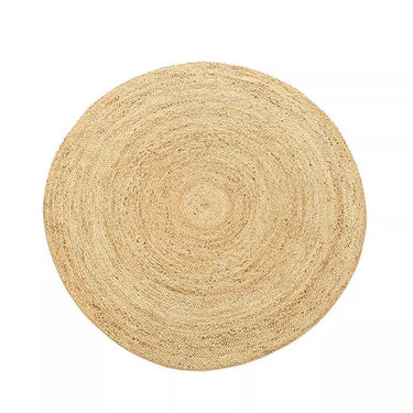 Round beige braided rug on a white background