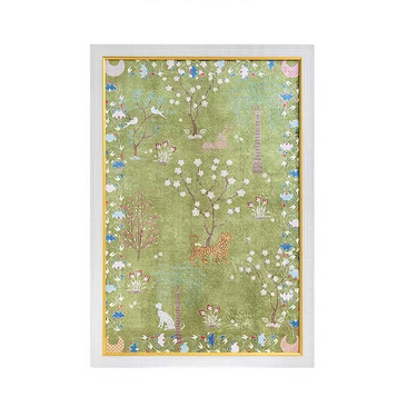 Framed green wall art with floral trees and wild animals including a leopard, tiger, and birds, elegant home décor