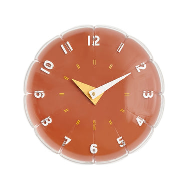 LaFloria designer wall clock with terracotta face, transparent scalloped frame, and modern yellow and white hands