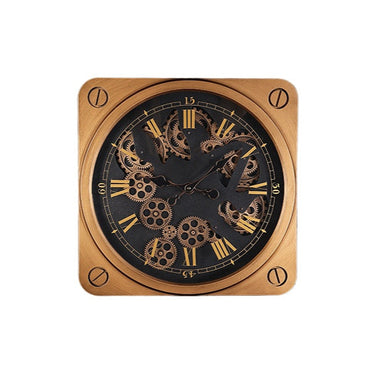 Square wall clock with bronze frame and visible mechanical gears, Roman numerals on black dial