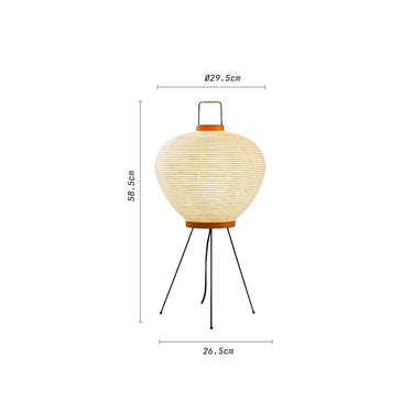 A paper lantern-style table lamp with a ribbed cream shade, black tripod base, and top handle, shown on a white background with dimension lines and labels indicating 58.5 cm height, 29.
