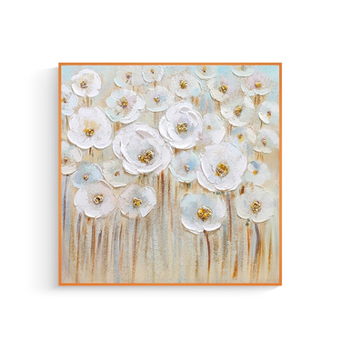 Abstract textured painting of white and light blue flowers with gold centers and brown stems in a light orange frame for home décor