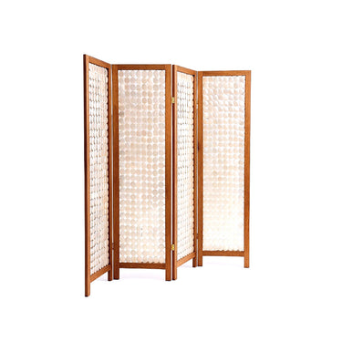 Cocosea four-panel folding room divider with pearly capiz shell discs and a warm pinewood frame.