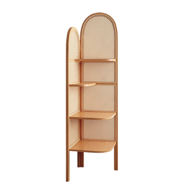 LaFloria wooden corner shelf with woven rattan backing and multiple curved shelves for home décor