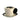 A beige ceramic button cup with black leaf patterns on the cup and saucer.