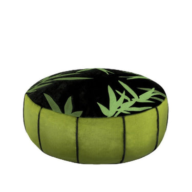 Round green floor cushion with black top featuring green leaf pattern, stylish home décor seating
