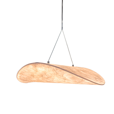 Modern designer pendant light with organic curved shape and warm fiber texture hanging from ceiling