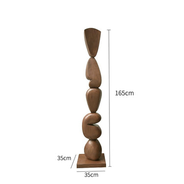 An abstract wooden sculpture with stacked organic shapes on a rectangular base, shown with dimension labels indicating a total height of 165cm and base width/depth of 35cm on a white background.