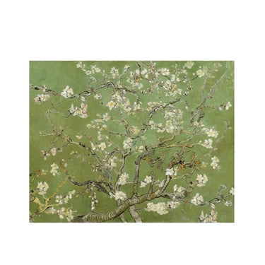 Artistic wall decor featuring delicate white almond blossoms on twisted branches against a soft green background