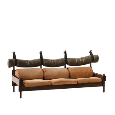 A Verdant Sofa with brown cushion covers and a walnut wood frame, set against a white background.