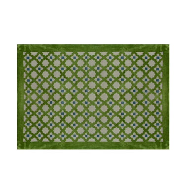 Green and beige patterned designer area rug with geometric motifs and blue accents