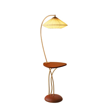 LaFloria designer floor lamp with curved golden frame, wooden triangular table, and fabric shade