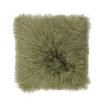 Green fluffy square decorative throw pillow with curly faux fur texture