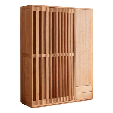 Modern wooden wardrobe with vertical slatted doors and smooth panel drawer design