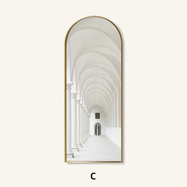 Long, narrow corridor with arches and a gold frame on a white background