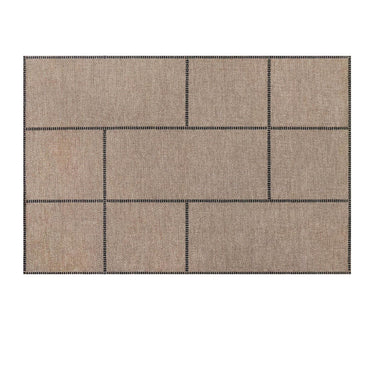 Beige woven area rug with rectangular black stitched pattern, modern home décor