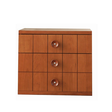 A brown wooden stackable drawer chest with metal handles.