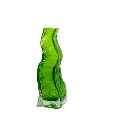 Unique designer-made green textured glass vase with abstract wavy shape for home décor