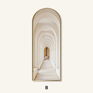 Architectural photo of a hallway with arches and a gold frame on a white background