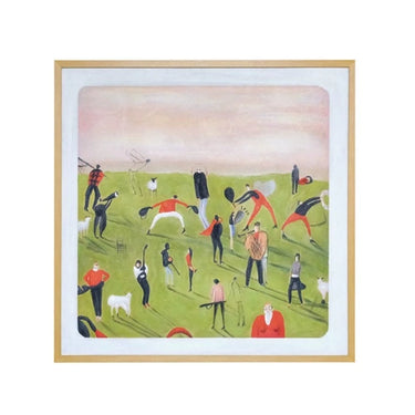 Framed abstract painting of diverse figures on green field with pastel sky, ideal for modern home décor