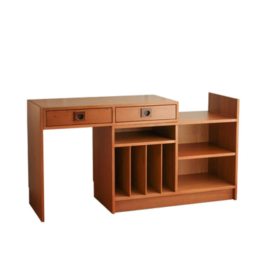 A brown extendable work desk with a walnut wood knob, engineered wood drawer, and multiple shelves.