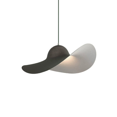 Modern designer pendant light with dual curved shades in black and white, stylish home décor lighting
