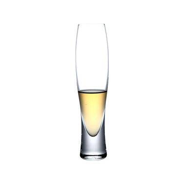 A clear, lead-free glass with a narrow base and a wide mid-section, partially filled with a golden liquid.