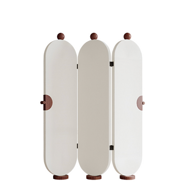 Modern white three-panel room divider with rounded edges and wooden accents on hinges and supports