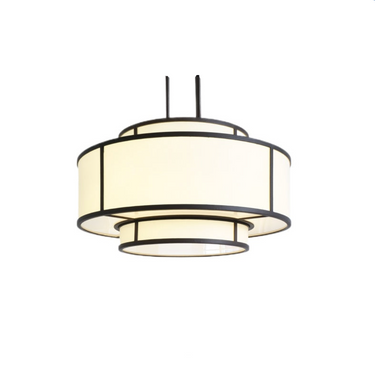 Modern cream fabric pendant chandelier with black metal frame, stylish home lighting fixture
