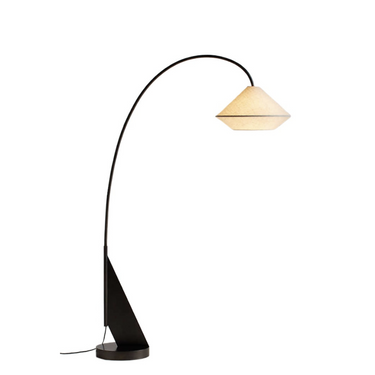 A modern style floor lamp with a black metal post and base, a beige linen lampshade, and an LED light source.