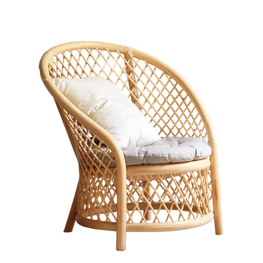 Rattan armchair with lattice design, beige seat cushion and white back pillow from LaFloria Home Décor