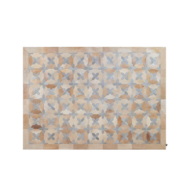 A cowhide leather rug with a geometric pattern featuring diamond shapes in beige, brown, and gray tones.