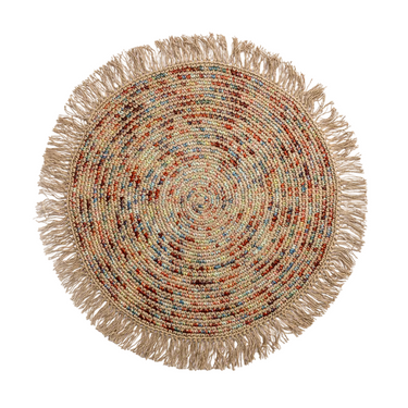 A round, hand-woven tassel rug with multicolored threads and a beige border.