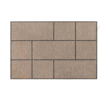 Beige woven area rug with rectangular black stitched pattern, modern home décor