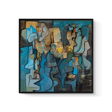 Abstract modern art wall painting with blue, beige, and brown geometric shapes in black frame