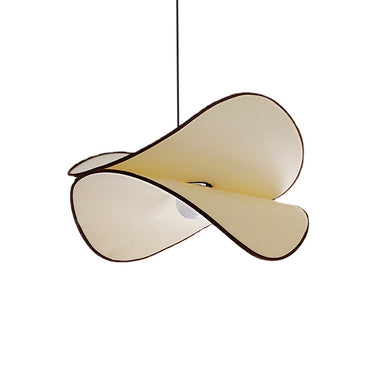 Modern beige pendant light with unique curved design hanging from black cord, home décor lighting